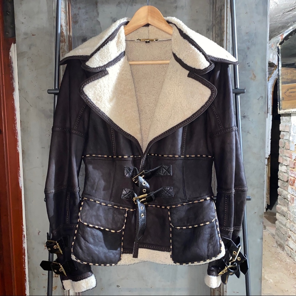 Roberto Cavalli Brown Shearling Biker Jacket